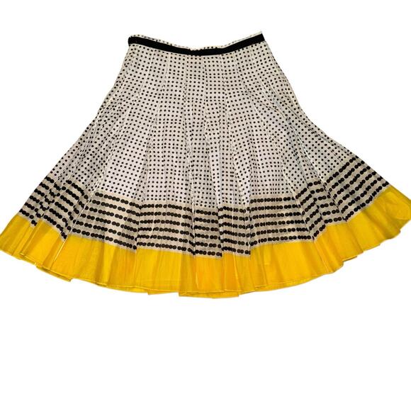Focus Life Style Pleated Flare White Black Yellow Midi Skirt 100% Cotton SZ 4 - Picture 1 of 12